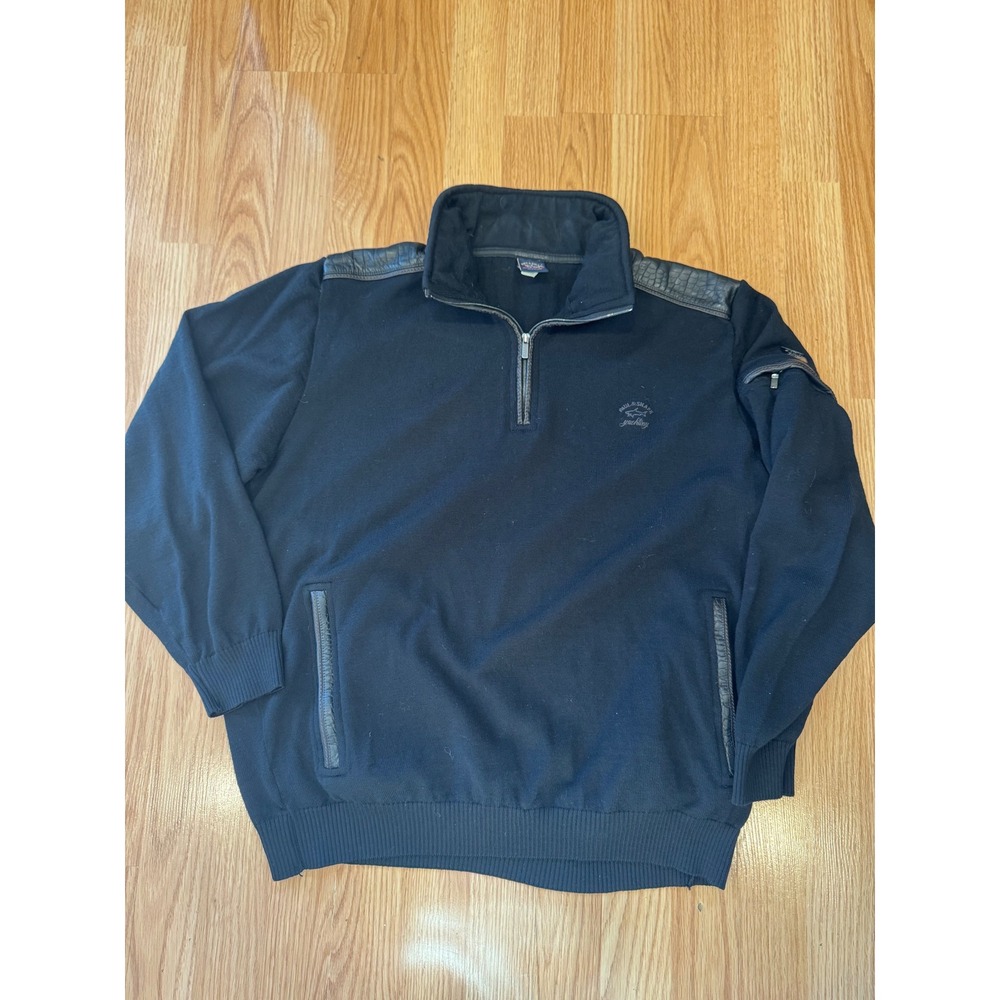 Paul & Shark Yachting Mens Black Wool Quarter Zip Sweater Leather Trim Large
